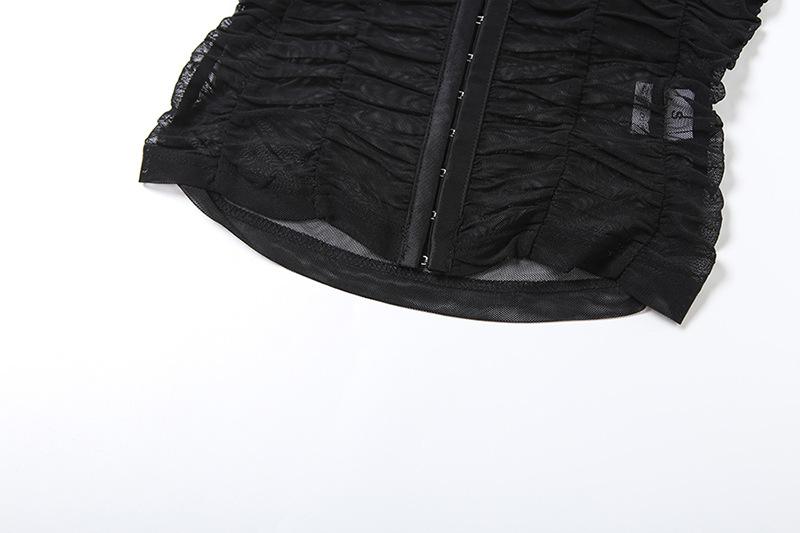 Cap sleeve mesh turnover collar ruched button top