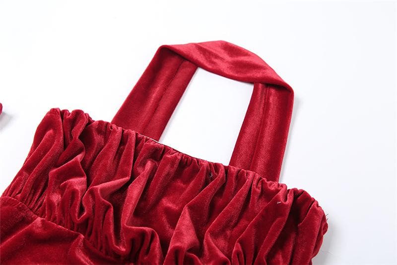 Velvet solid ruched gloves halter mini dress  | red tango dress