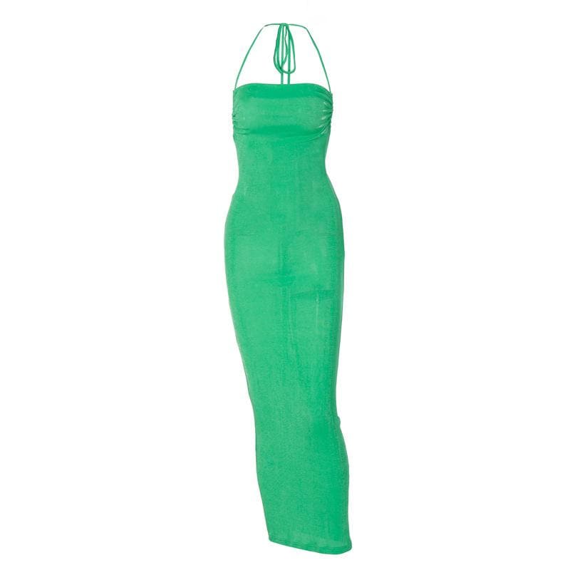Halter ruched backless lace up solid self tie maxi dress