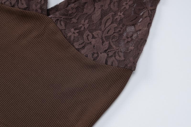 V neck see through lace ribbed patchwork ruched backless top