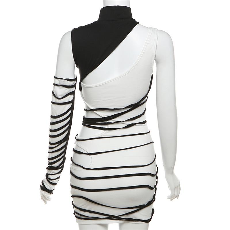 High neck gloves irregular hollow out contrast mini dress