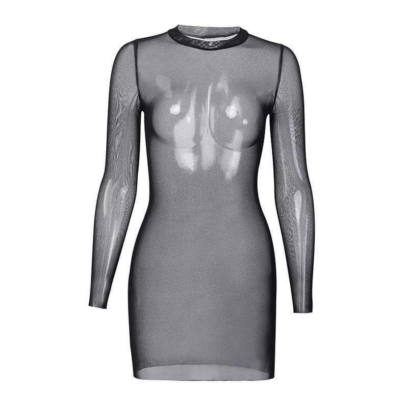 Sheer mesh see through solid long sleeve mini bodycon dress  | samba dress