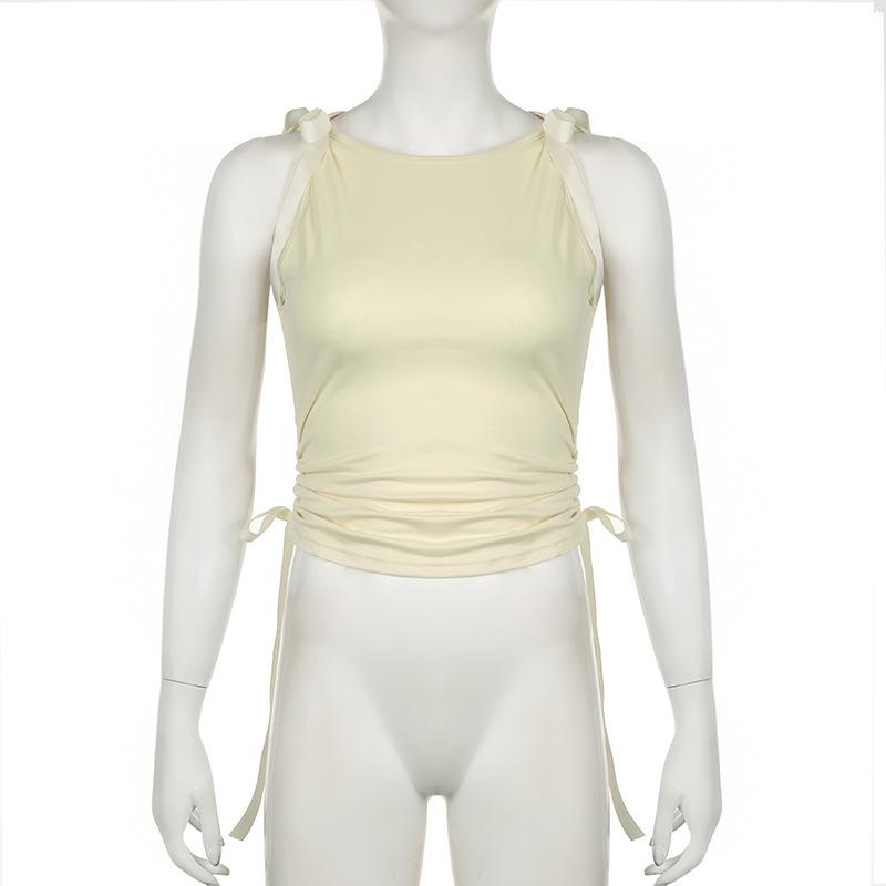 Bowknot ribbon ruched crewneck crop top