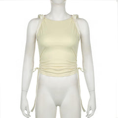 Bowknot ribbon ruched crewneck crop top