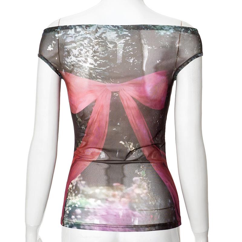 Off shoulder bowknot print sheer mesh top