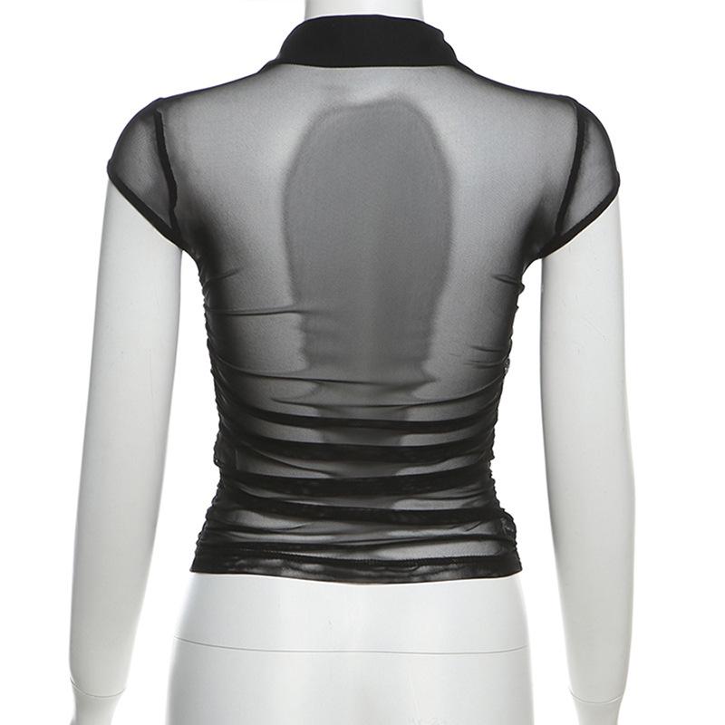 Cap sleeve mesh turnover collar ruched button top