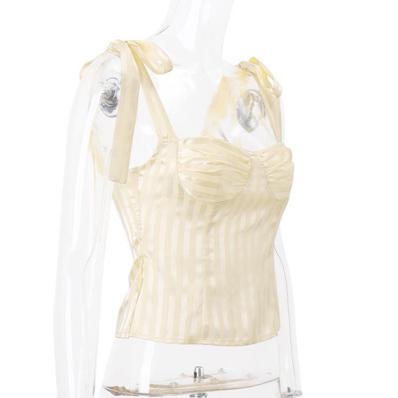 Striped smocked bowknot ribbon cami top