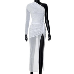 Long sleeve one shoulder ruched high slit maxi dress