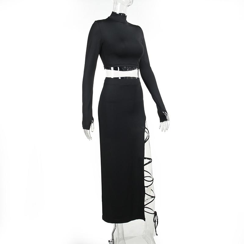 Long sleeve high neck self tie slit maxi skirt set