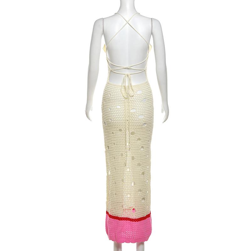 V neck knitted hollow out lace up maxi dress