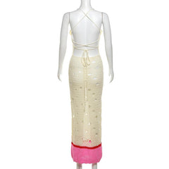 V neck knitted hollow out lace up maxi dress