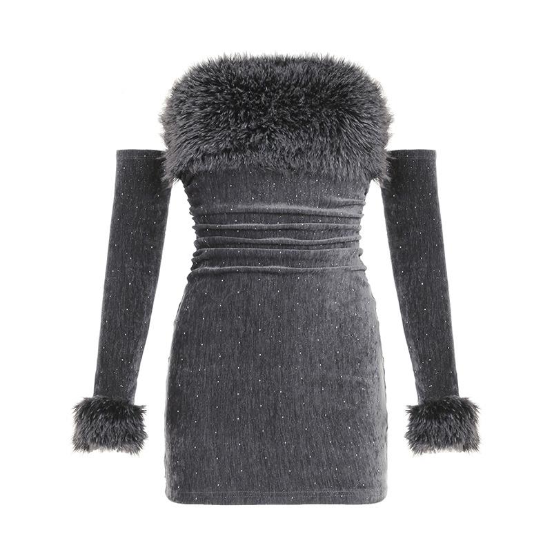 Fluffy gloves beaded tube mini dress
