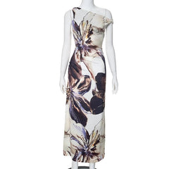 Off shoulder abstract print ruched maxi dress