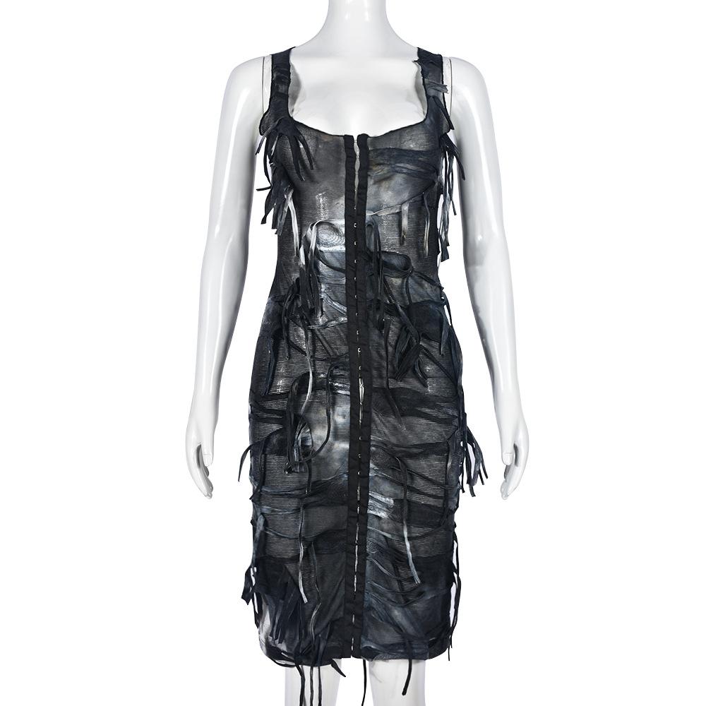 Tie dye button tassels square neck tank midi dress
