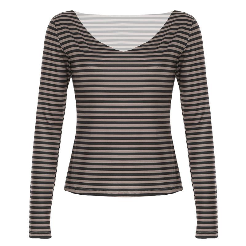 V neck long sleeve striped top