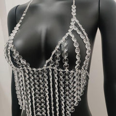Halter crystal tassels beaded hollow out top