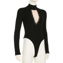 High neck long sleeve mesh patchwork bodysuit