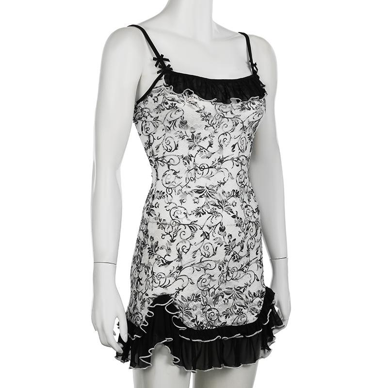 Mesh ruched ruffle bowknot print cami mini dress