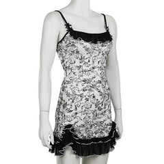 Mesh ruched ruffle bowknot print cami mini dress
