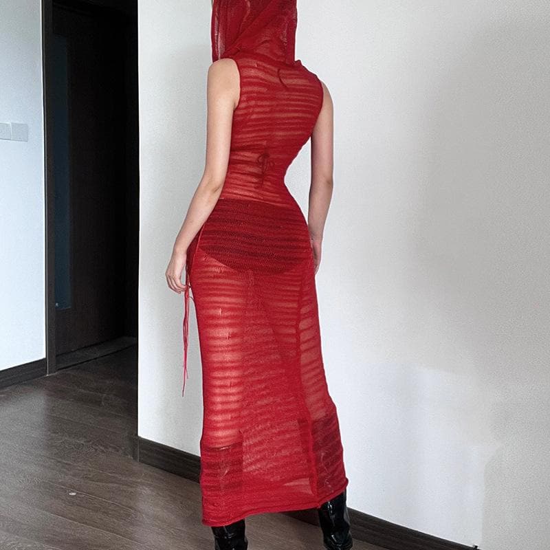 Crochet solid hoodie sleeveless see through maxi dress  | red tango dress