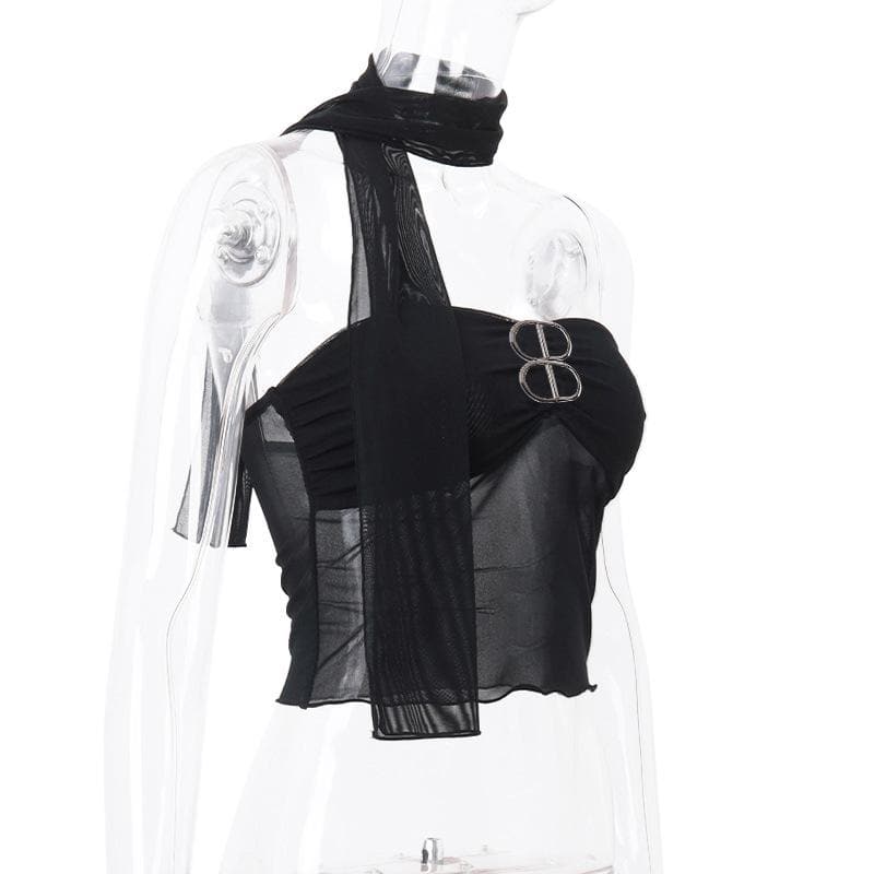 Sheer mesh backless buckle ruffle solid tube crop top