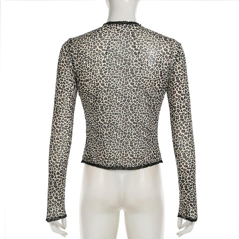 Leopard print long sleeve mesh crop top