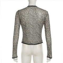 Leopard print long sleeve mesh crop top