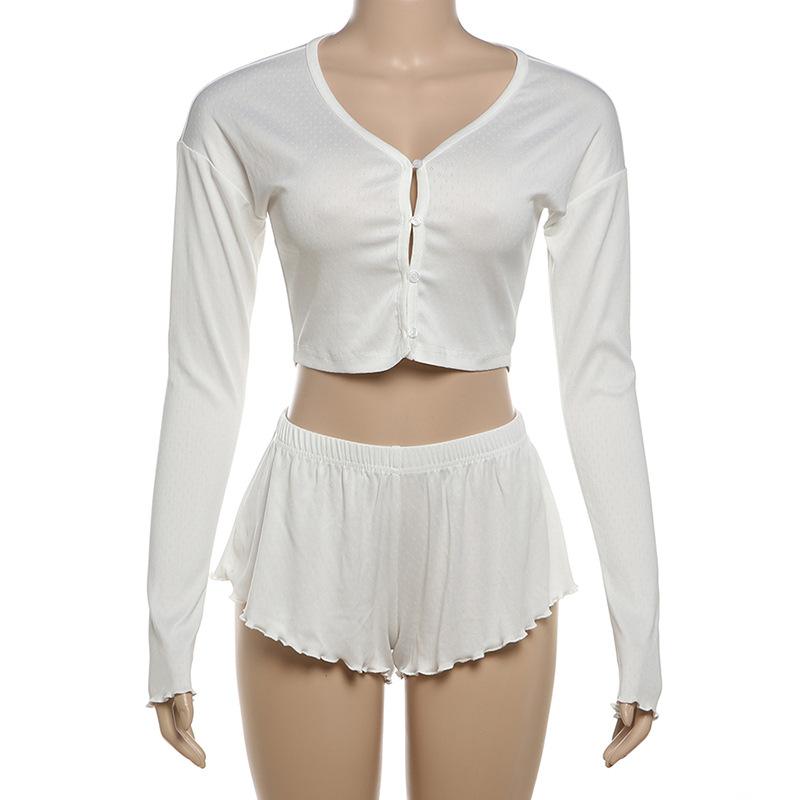 Long sleeve textured ruffle button short pant set
