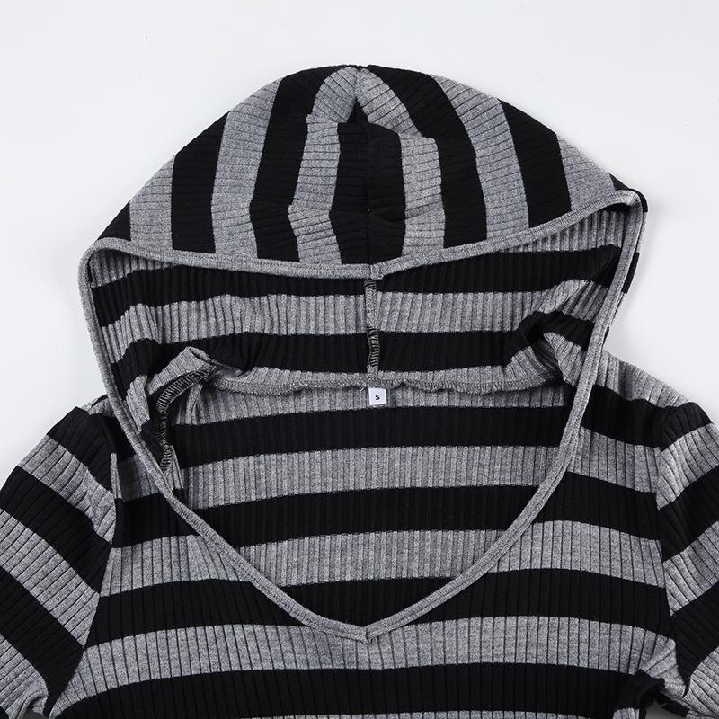 Hoodie v neck long sleeve striped knitted top