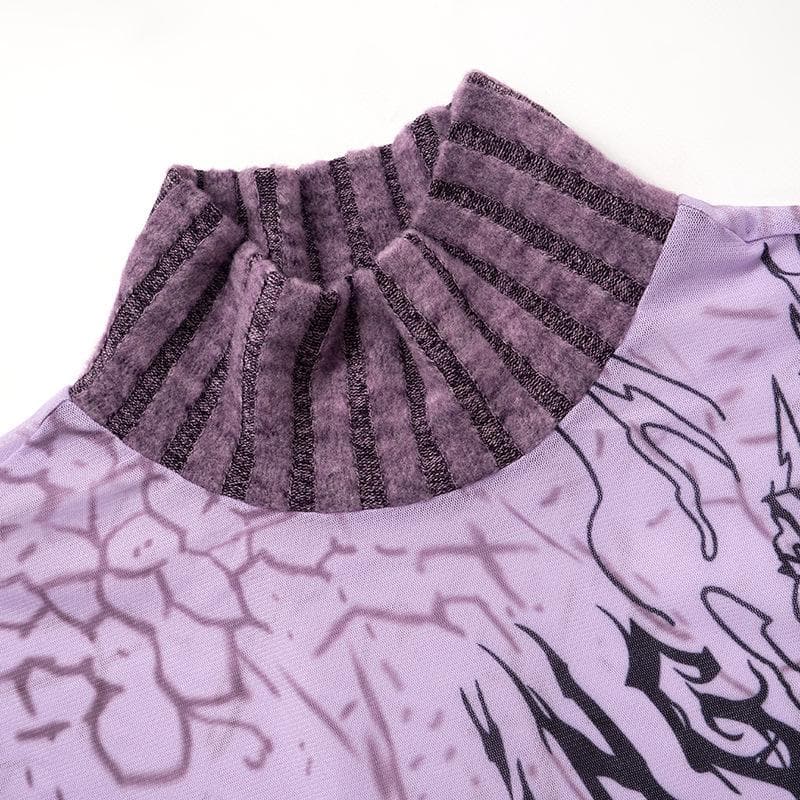 Long flared sleeve high neck see through letter print mesh top