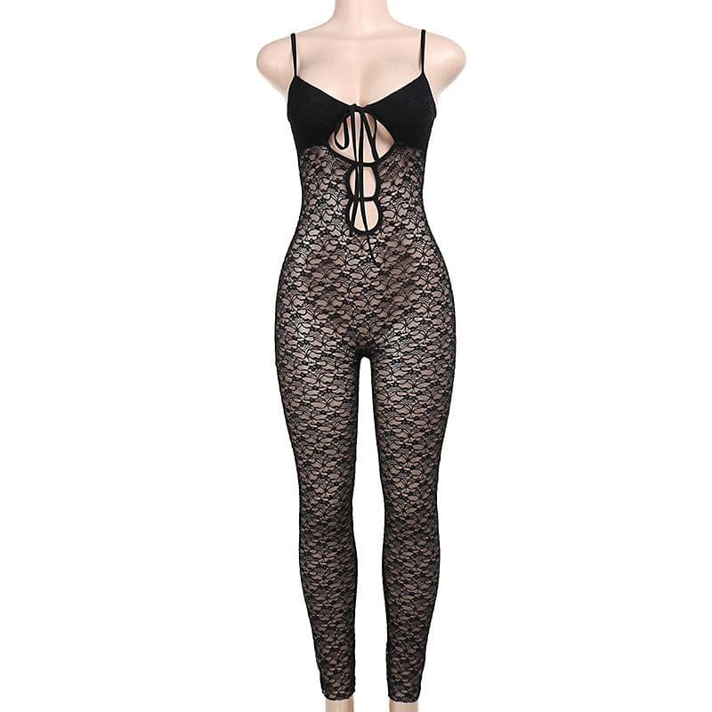 V neck hollow out solid lace cami jumpsuit