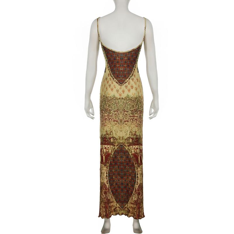 Print abstract backless cami maxi dress