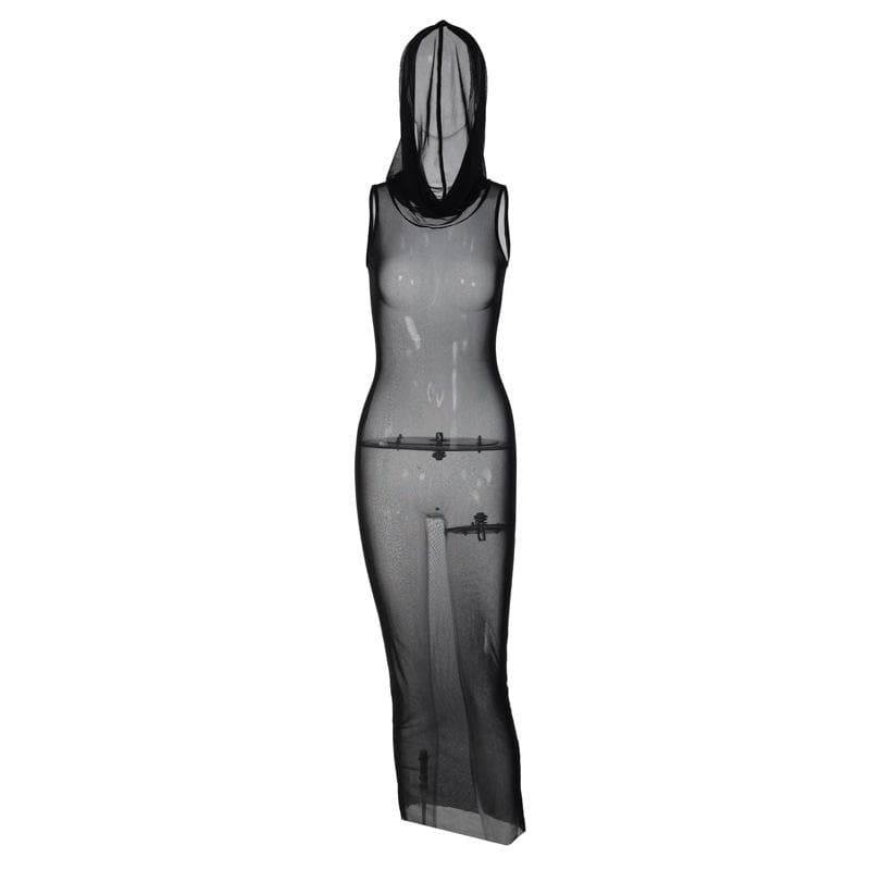 Sheer mesh see through hoodie sleeveless maxi dress  | samba dress