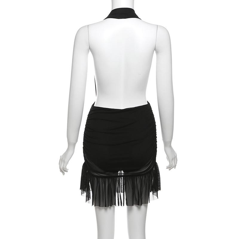Halter ruched mesh ruffle backless mini dress