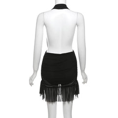 Halter ruched mesh ruffle backless mini dress