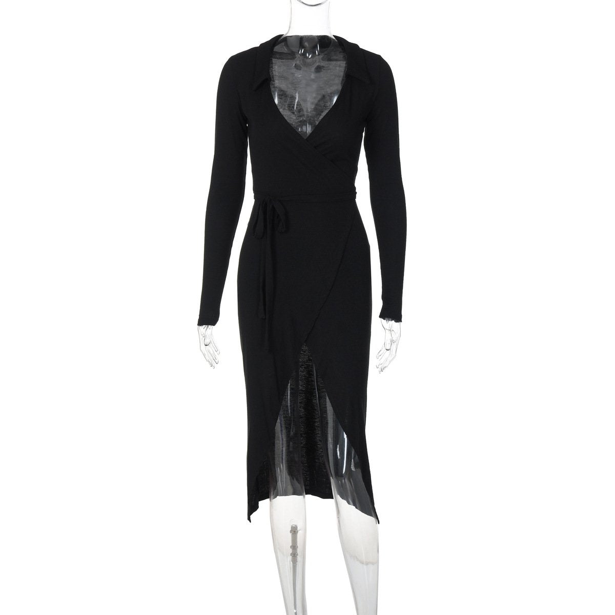 Turnover collar long sleeve slit self tie midi dress  | red tango dress
