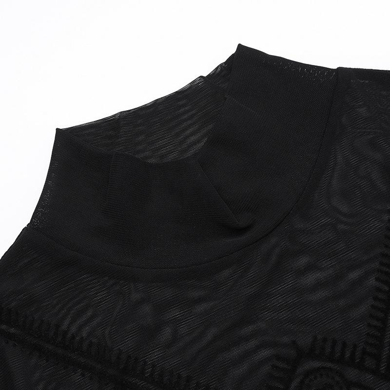 Long sleeve high neck sheer mesh eye print bodysuit