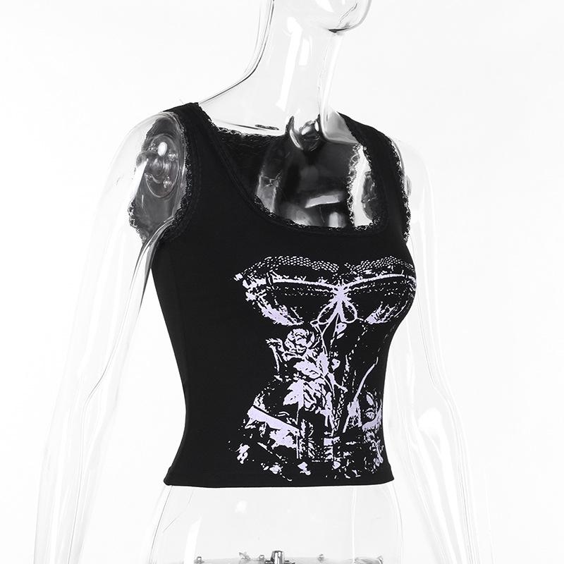 U neck lace hem abstract tank top