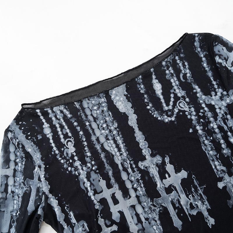 Off shoulder long sleeve mesh cross print top