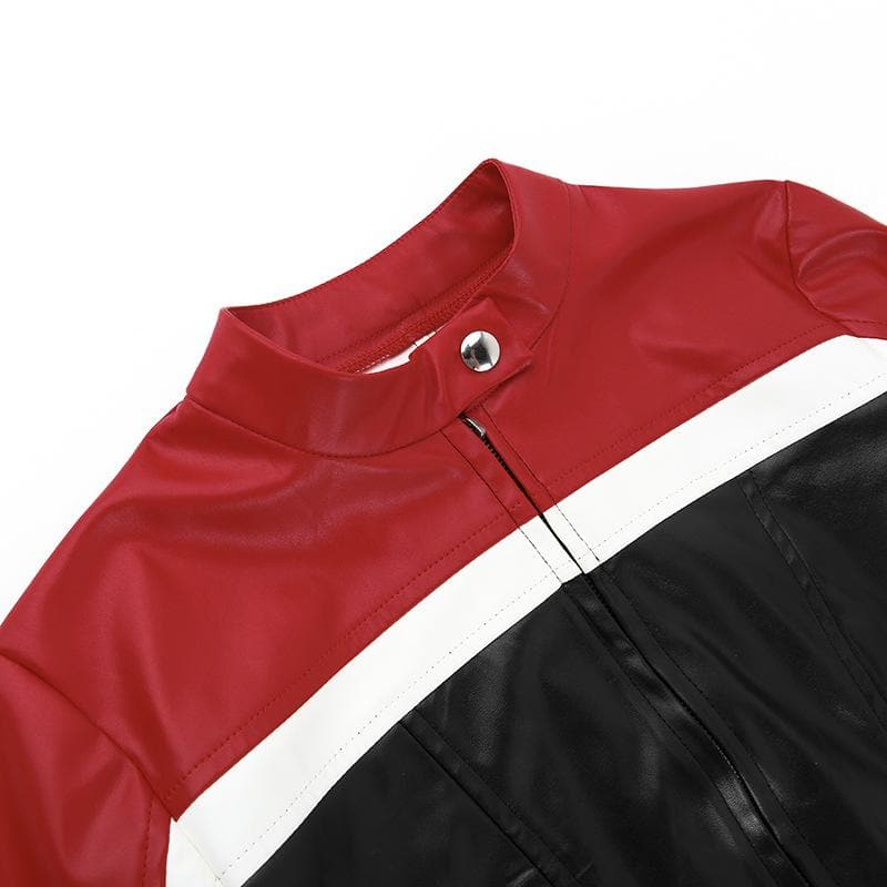 Contrast patchwork zip-up long sleeve PU leather to top jacket