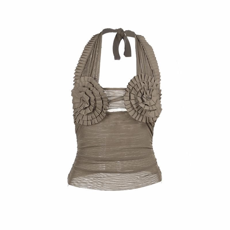 Halter pleated hollow out ruched mesh backless cut out top