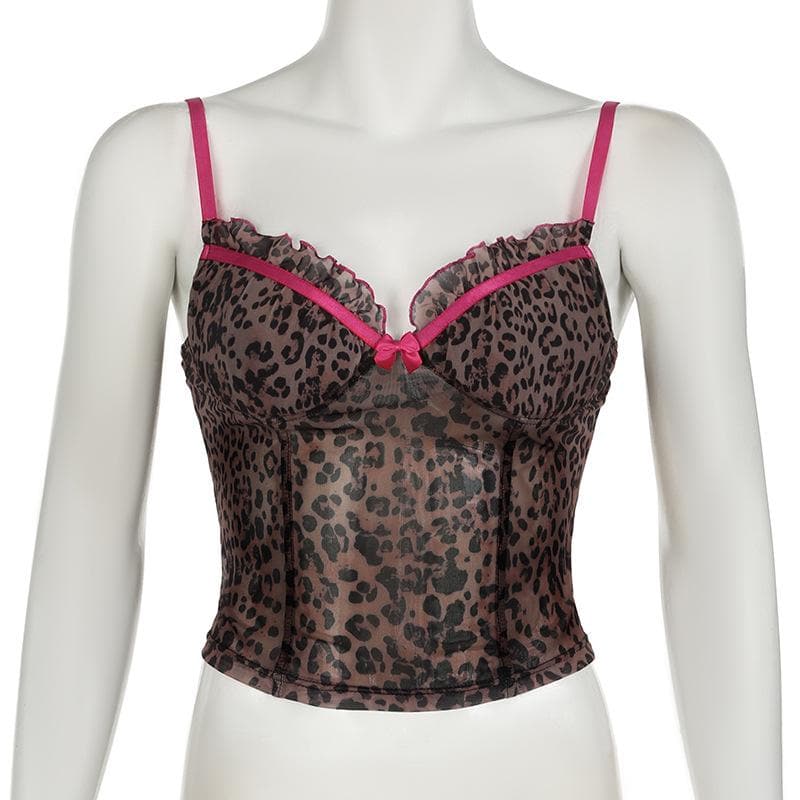 Bowknot ruffle leopard print mesh cami top