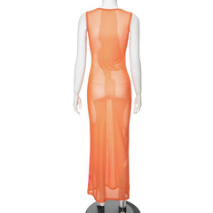 Sleeveless crewneck flower print sheer mesh maxi dress  | samba dress