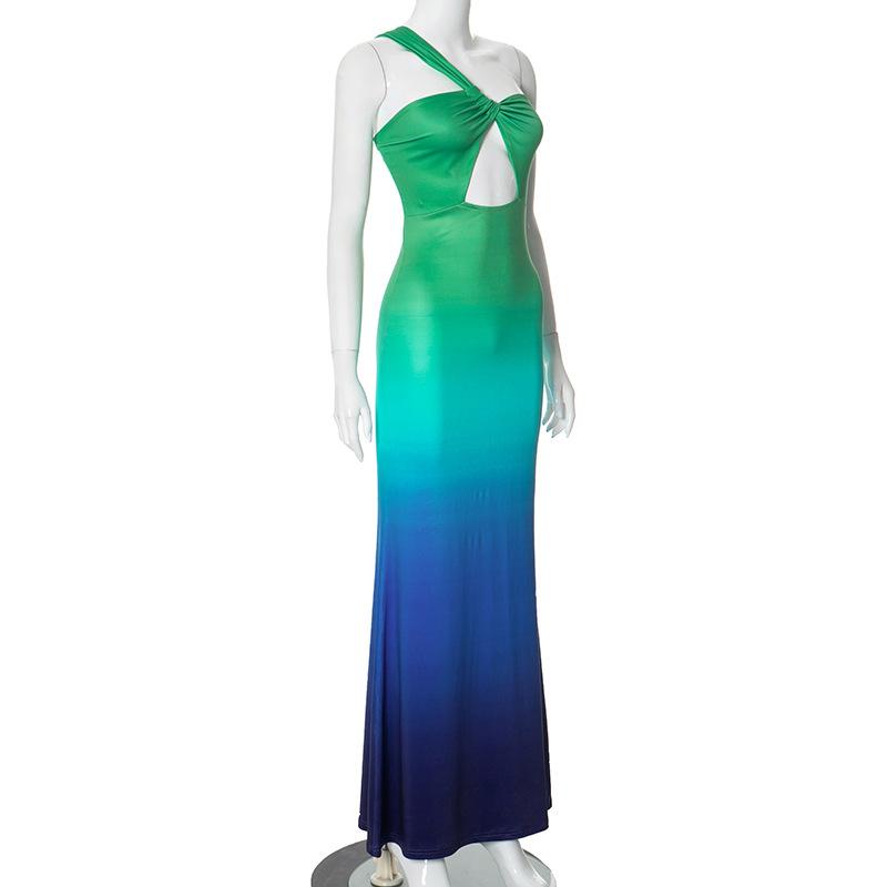 One shoulder gradient ruched cami maxi dress