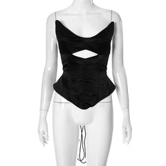 V neck corset lace up hollow out top