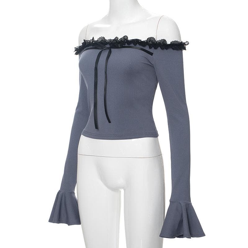 Long flared sleeve off shoulder bowknot lace hem top