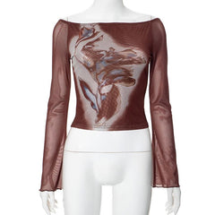 Long sleeve ruffle sheer mesh print top