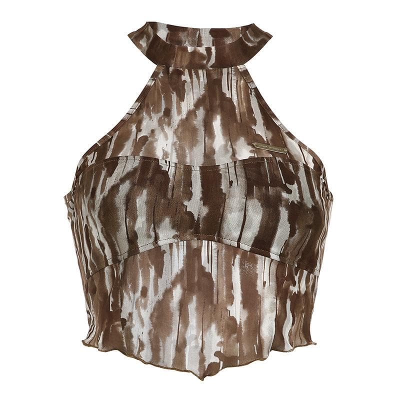 Tie dye halter metal tag contrast mesh sleeveless crop top