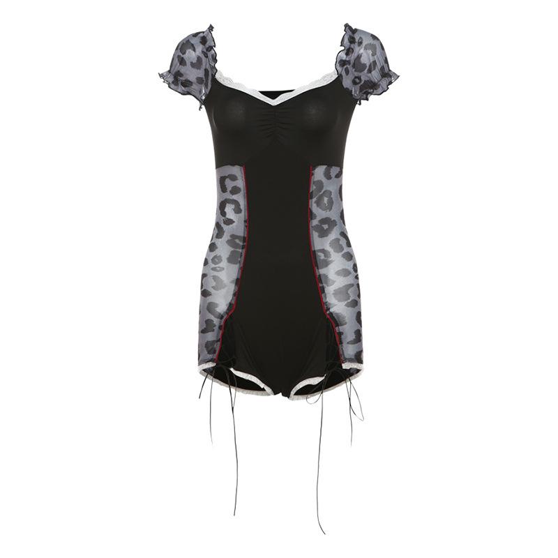 Short puff sleeve leopard print lace hem romper