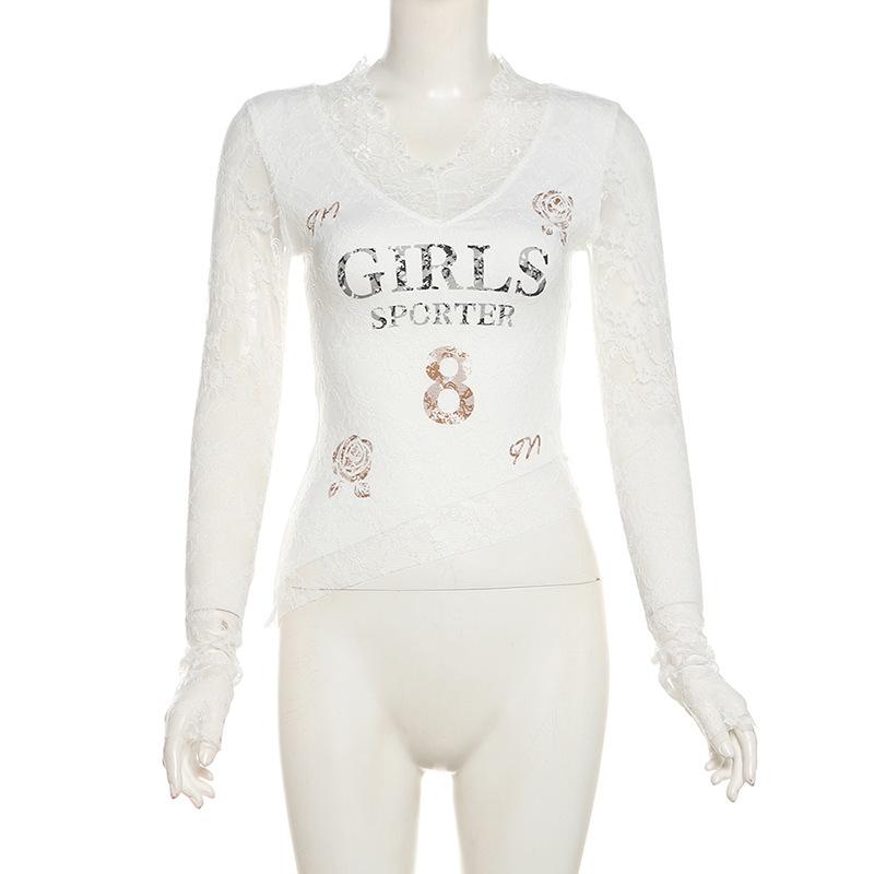 Long sleeve v neck lace print top